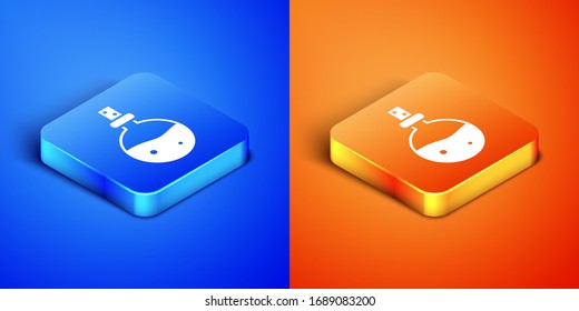 Isometric Bottle with love potion icon isolated on blue and orange background. Valentines day symbol. Square button. Vector Illustration