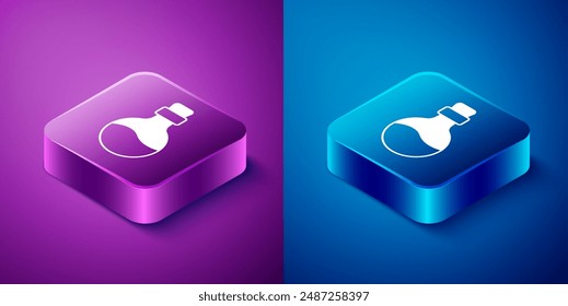 Isometric Bottle with love potion icon isolated on blue and purple background. Happy Valentines day. Square button. Vector