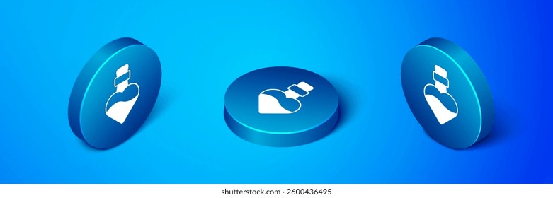 Isometric Bottle with love potion icon isolated on blue background. Happy Valentines day. Blue circle button. Vector