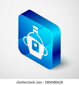 Isometric Bottle of maple syrup icon isolated on grey background. Blue square button. Vector.