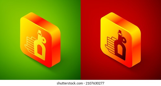 Isometric Bottle of maple syrup with stack of pancakes icon isolated on green and red background. Square button. Vector
