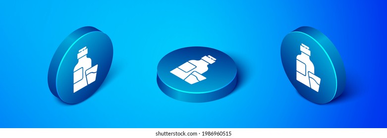 Isometric Bottle of medicine syrup and dose measuring cup solid icon isolated on blue background. Blue circle button. Vector Illustration