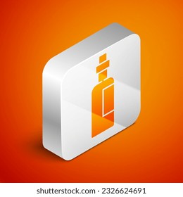 Isometric Bottle of olive oil icon isolated on orange background. Jug with olive oil icon. Silver square button. Vector