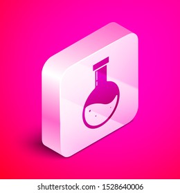 Isometric Bottle with potion icon isolated on pink background. Flask with magic potion. Happy Halloween party. Silver square button. Vector Illustration