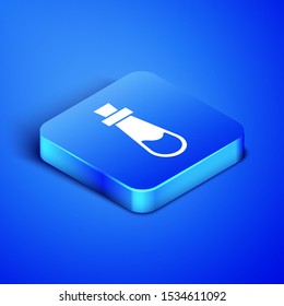 Isometric Bottle with potion icon isolated on blue background. Flask with magic potion. Happy Halloween party. Blue square button. Vector Illustration