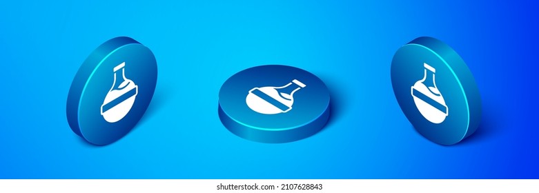 Isometric Bottle with potion icon isolated on blue background. Flask with magic potion. Happy Halloween party. Blue circle button. Vector