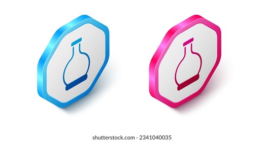 Botella isométrica con icono de poción aislado en fondo blanco. Enarbolar con poción mágica. Feliz fiesta de Halloween. Botón hexagonal. Vector