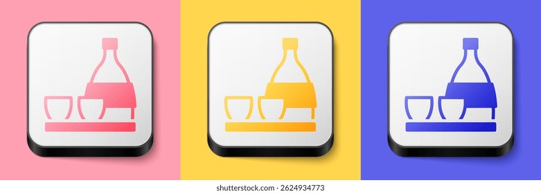 Isometrische Flasche Sake, kleine Tasse Sake-Symbol einzeln auf rosafarbenem, gelbem und blauem Hintergrund. Quadratischer Knopf. Vektorgrafik