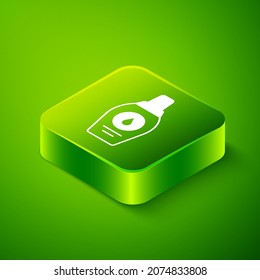 Isometric Bottle of shampoo icon isolated on green background. Green square button. Vector