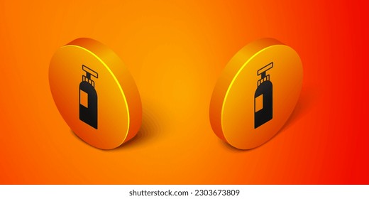 Isometric Bottle of shampoo icon isolated on orange background. Orange circle button. Vector