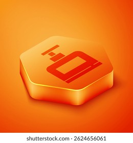 Botella isométrica de icono de champú aislado sobre fondo naranja. Botón hexagonal naranja. Vector