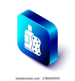 Isometric Bottle of shampoo and sponge icon isolated on white background. Blue square button. Vector Illustration