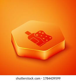 Isometric Bottle of shampoo and sponge icon isolated on orange background. Orange hexagon button. Vector Illustration