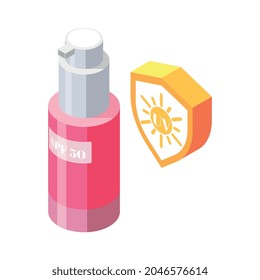 Botella isométrica de protector solar con spf 50 sobre fondo blanco Ilustración vectorial 3d