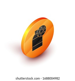 Isometric Bottle with virus and bacteria icon isolated on white background. Analysis microorganism, research, diagnosis. Orange circle button. Vector Illustration