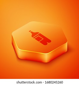 Isometric Bottle of water icon isolated on orange background. Soda aqua drink sign. Orange hexagon button. Vector Illustration