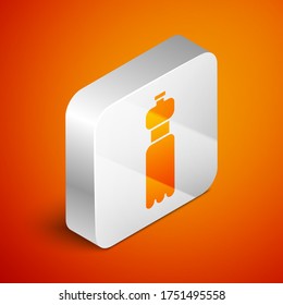 Isometric Bottle of water icon isolated on orange background. Soda aqua drink sign. Silver square button. Vector Illustration