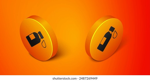 Isometric Bottle of water icon isolated on orange background. Soda aqua drink sign. Orange circle button. Vector
