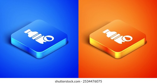 Isometric Bottle of water icon isolated on blue and orange background. Soda aqua drink sign. Square button. Vector