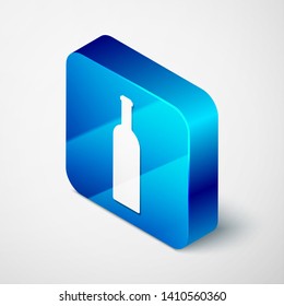 Isometric Bottle of wine icon isolated on white background. Blue square button. Vector Illustration