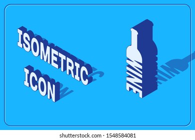 Isometric Bottle of wine icon isolated on blue background. Lettering bottle of wine.  Vector Illustration