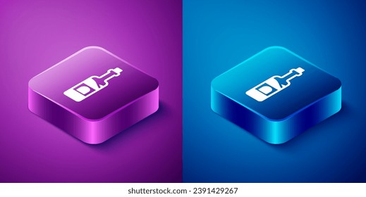 Isometric Bottle of wine icon isolated on blue and purple background. Square button. Vector