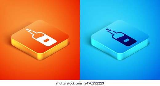 Isometric Bottle of wine icon isolated on orange and blue background.  Vector