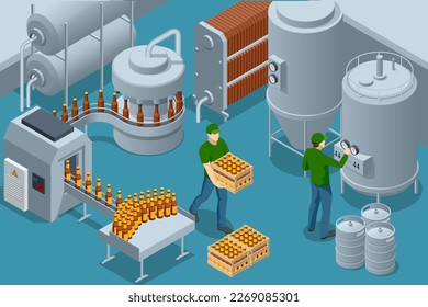 Botella isométrica y embalaje de botellas. Fábrica de cervecería de composición interior, Cinturón de transporte con botellas en la fábrica de cerveza