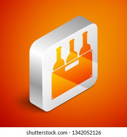 Isometric Bottles of wine in a wooden box icon isolated on orange background. Wine bottles in a wooden crate icon. Silver square button. Vector Illustration