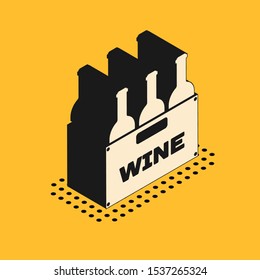 Isometric Bottles of wine in a wooden box icon isolated on yellow background. Wine bottles in a wooden crate icon.  Vector Illustration