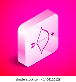 Isometric Bow and arrow icon isolated on pink background. Cupid symbol. Love sign. Valentines day concept. Silver square button. Vector Illustration
