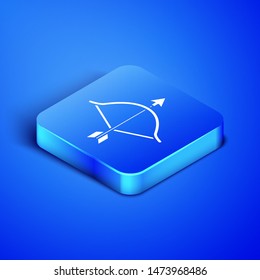 Isometric Bow and arrow icon isolated on blue background. Cupid symbol. Love sign. Valentines day concept. Blue square button. Vector Illustration