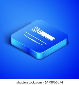 Isometric Bow and arrow in quiver icon isolated on blue background. Blue square button. Vector Illustration