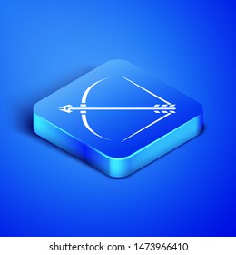 Isometric Bow and arrow in quiver icon isolated on blue background. Blue square button. Vector Illustration