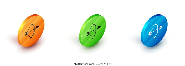 Isometric Bow and arrow in quiver icon isolated on white background. Circle button. Vector