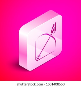 Isometric Bow and fire arrow icon isolated on pink background. Silver square button. Vector Illustration