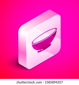 Isometric Bowl of hot soup icon isolated on pink background. Silver square button. Vector Illustration