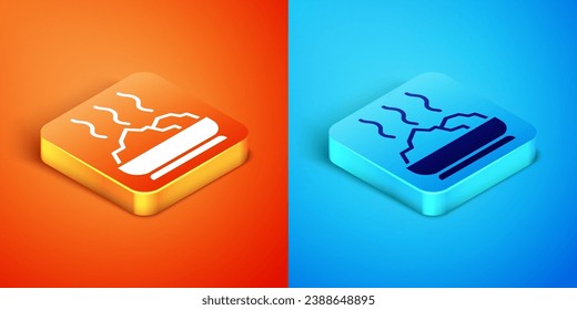 Isometric Bowl of hot soup icon isolated on orange and blue background.  Vector