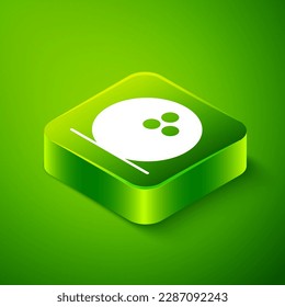 Isometric Bowling ball icono aislado en el fondo verde. Equipamiento deportivo. Botón cuadrado verde. Vector
