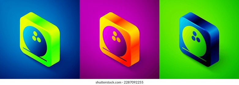 Isometric Bowling ball icon isolated on blue, purple and green background. Sport equipment. Square button. Vector