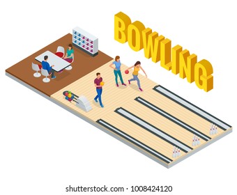 Isometric Bowling Center Interior with Game Equipment. Vector Bowling Alley for Game and Party.