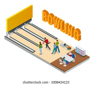 Isometric Bowling Center Interior with Game Equipment. Vector Bowling Alley for Game and Party.