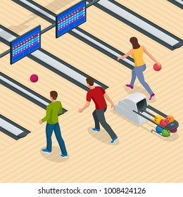 Isometric Bowling Center Interior with Game Equipment. Vector Bowling Alley for Game and Party.