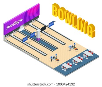 Isometric Bowling Center Interior with Game Equipment. Vector Bowling Alley for Game and Party.