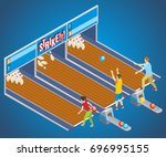 Isometric bowling game concept with players throwing balls into pins on different lanes vector illustration