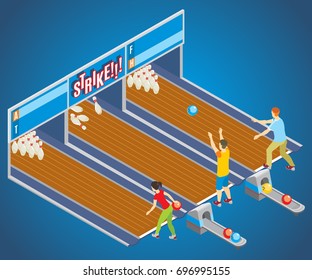 Isometric bowling game concept with players throwing balls into pins on different lanes vector illustration