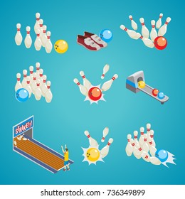 Isometric bowling game elements collection with skittles colorful balls sneakers player and lane isolated vector illustration