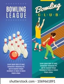 Isometric bowling game vertical banners with skittles and players throwing balls into pins vector illustration