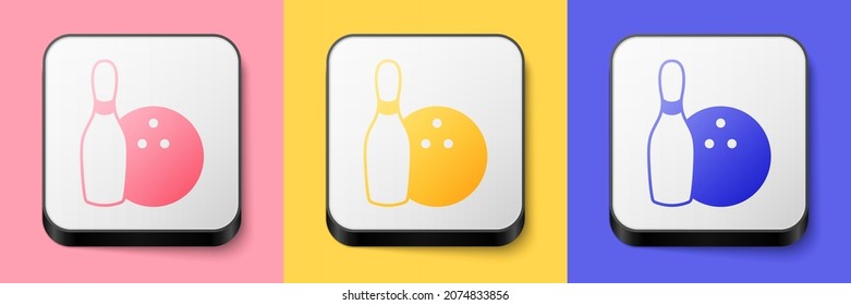 Isometric Bowling pin and ball icon isolated on pink, yellow and blue background. Sport equipment. Square button. Vector