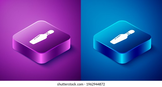 Isometric Bowling pin icon isolated on blue and purple background. Square button. Vector Illustration